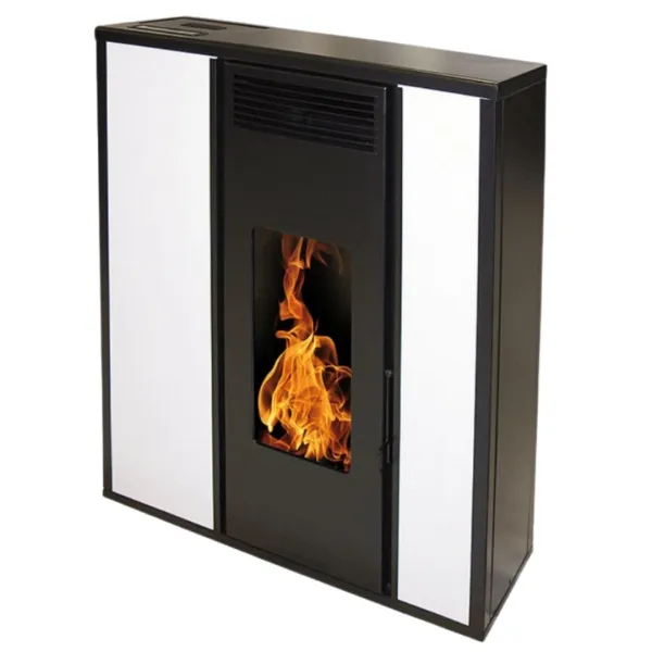 Poêle à granulés Tessa 10 design extra plat avec façades latérales blanches et flammes visibles