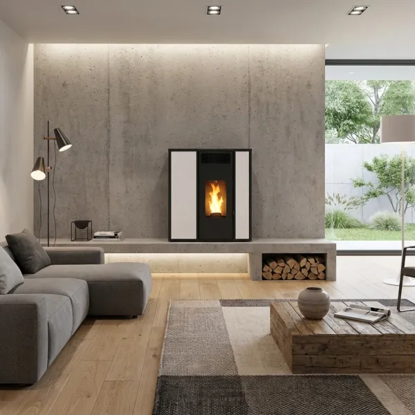 Poêle à granulés Tessa 10 design bicolore blanc et noir installé dans un salon contemporain