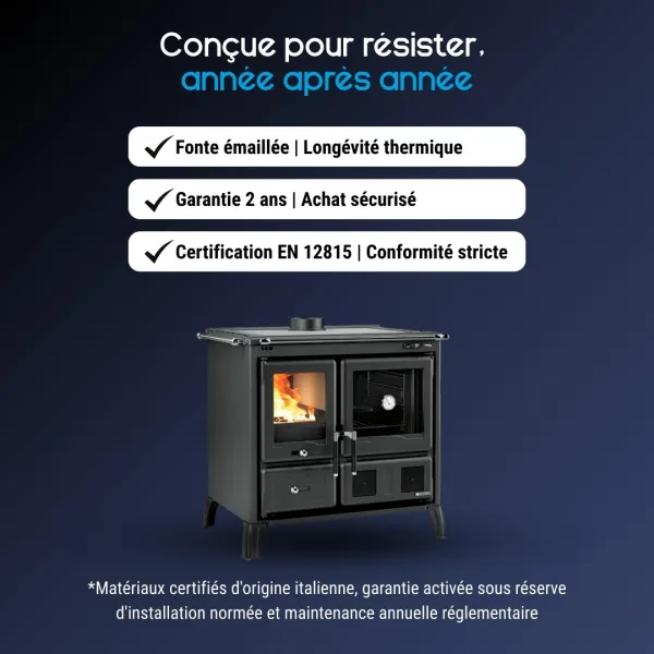 Cuisinière à bois en fonte noire avec four et foyer vitré, design traditionnel certifié EN 12815