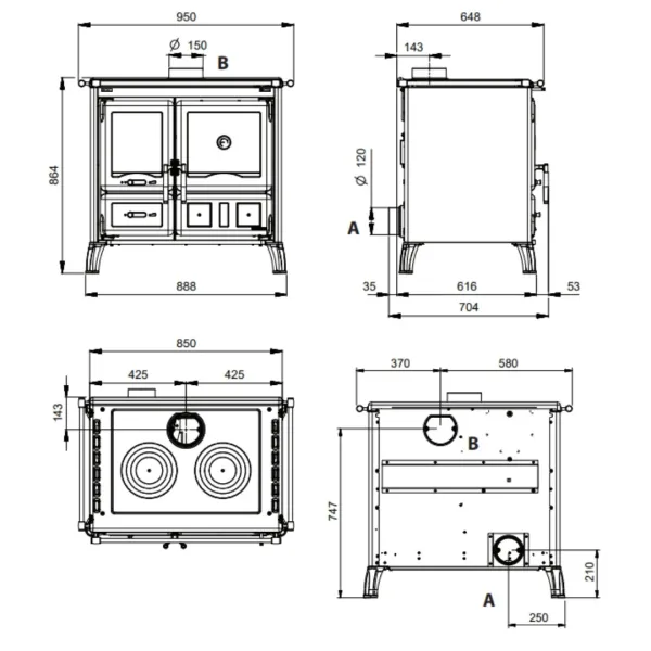 Plan technique et dimensions de la cuisinière à bois Gardenia 5.0 avec cotes d'installation