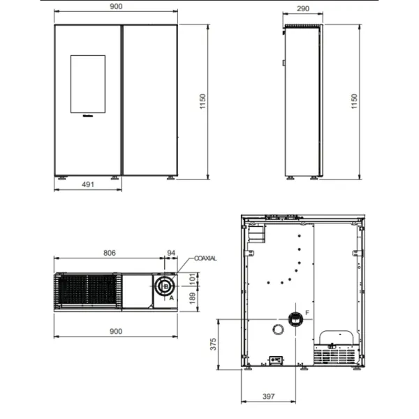 Plan technique et dimensions du poêle à granulés étanche Sharon Plus CX 10 kW canalisable