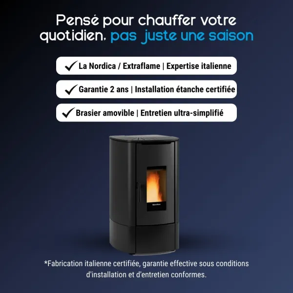 Poêle à granulés Angy Top 7 kW design noir avec brasier amovible et installation étanche certifiée