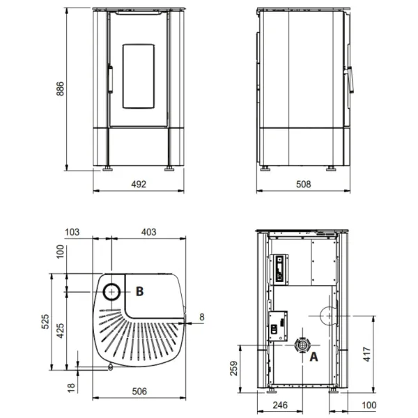 Plan technique et dimensions du poêle à granulés étanche Angy Top 7 kW avec vues face, profil et dessus