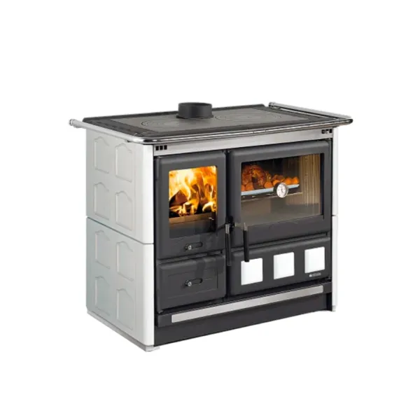 Cuisinière à bois en faïence blanche et noire avec four vitré et plaque de cuisson 11 kW