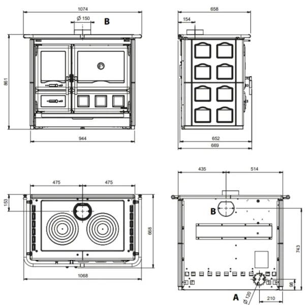 Plan technique et dimensions de la cuisinière à bois Rosa XXL Maiolica vue de face, côté, dessus et arrière