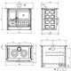 Plan technique et dimensions de la cuisinière à bois Rosa XXL Maiolica vue de face, côté, dessus et arrière