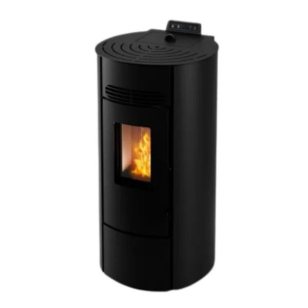 Poêle à granulés Linea VZ Flute noir 8 kW avec panneau de commande digital et foyer allumé