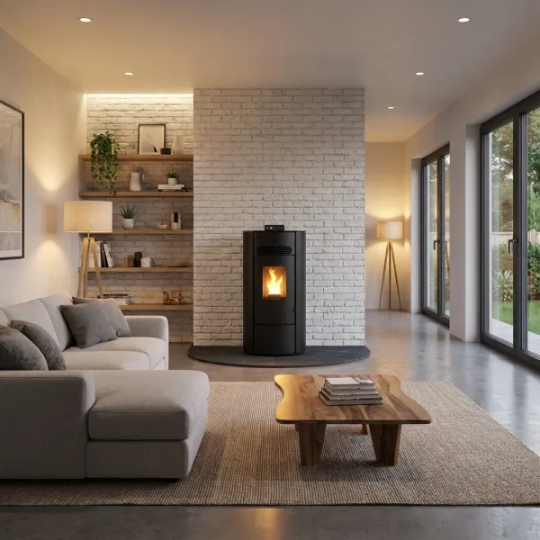 Poêle à granulés noir Linea VZ Flute 8 kW installé dans salon moderne avec mur en briques blanches