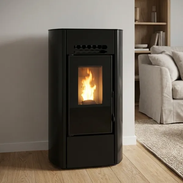 Poêle à granulés compact Linea VZ Ring noir 9 kW allumé dans un salon moderne