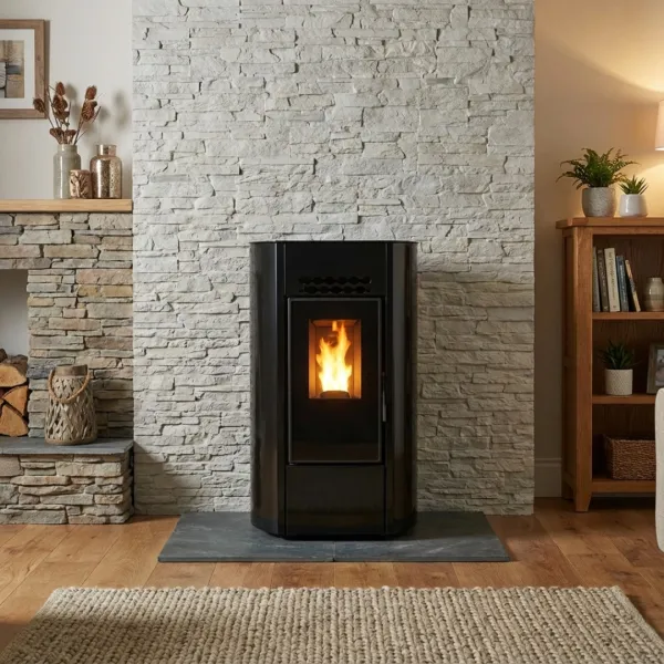 Poêle à granulés compact noir Linea VZ Ring 9 kW allumé dans un salon avec mur en pierre