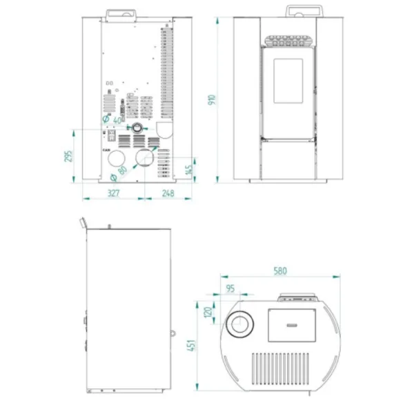 Plan technique et dimensions du poêle à granulés Linea VZ Ring 9 kW format compact