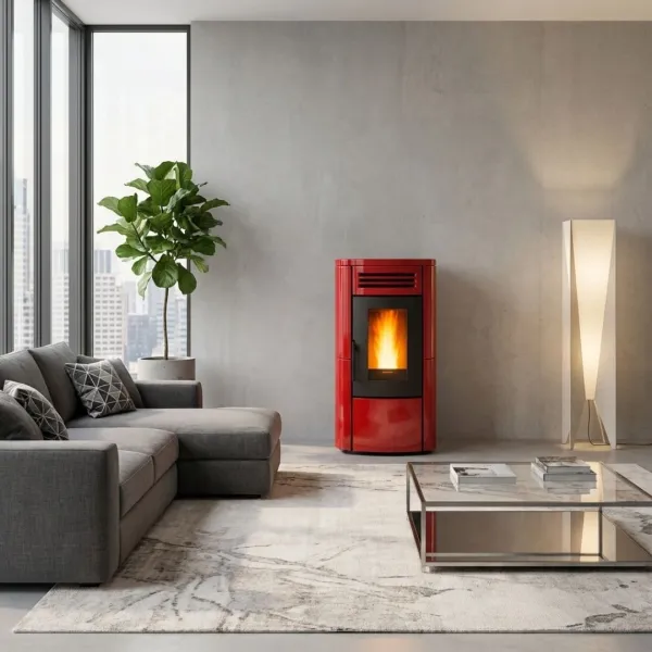 Poêle à granulés Terry Plus rouge 12 kW installé dans un salon moderne avec flamme allumée