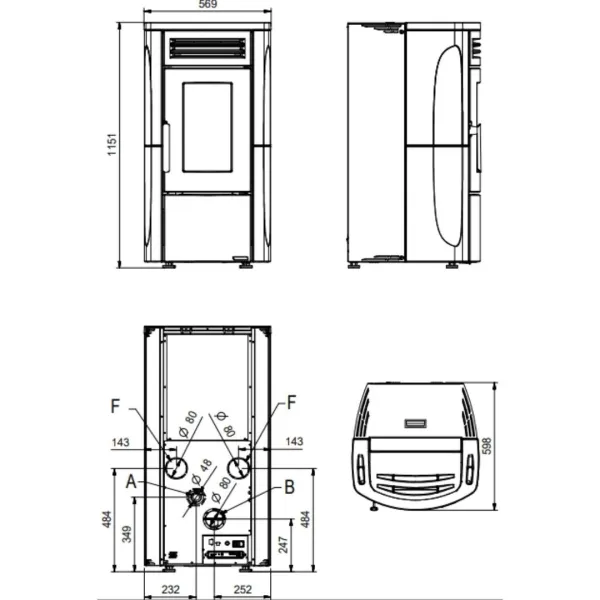 Plan technique et dimensions du poêle à granulés Terry Plus 12 kW avec vues face, profil et dessus