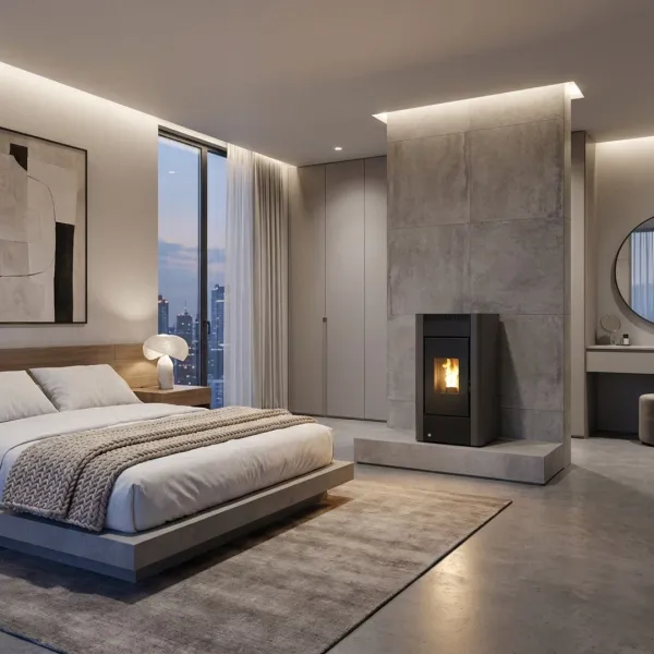 Poêle à granulés noir Maria 2.0 9 kW installé dans une chambre moderne avec mur en béton