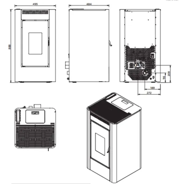 Plan technique et dimensions du poêle à granulés Maria 2.0 9 kW avec vues multiples
