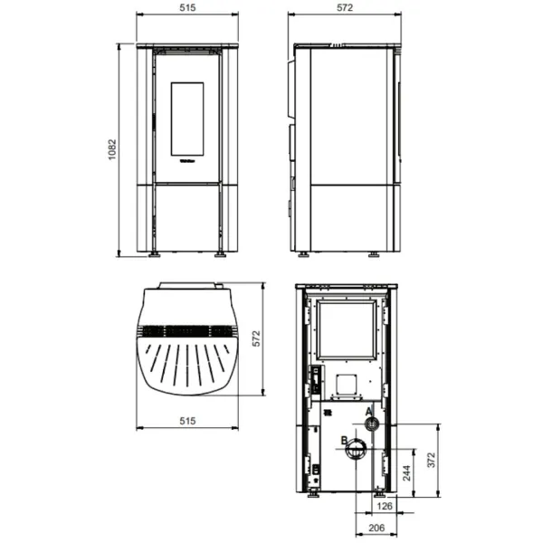 Plan technique et dimensions du poêle à granulés étanche Katia 11 kW avec vues face, profil et dessus