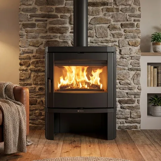 Poêle à bois Nordica Jennifer 2.0 noir en acier avec foyer allumé et vitre panoramique dans salon moderne