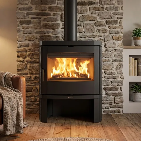 Poêle à bois Nordica Jennifer 2.0 noir en acier avec foyer allumé et vitre panoramique dans salon moderne