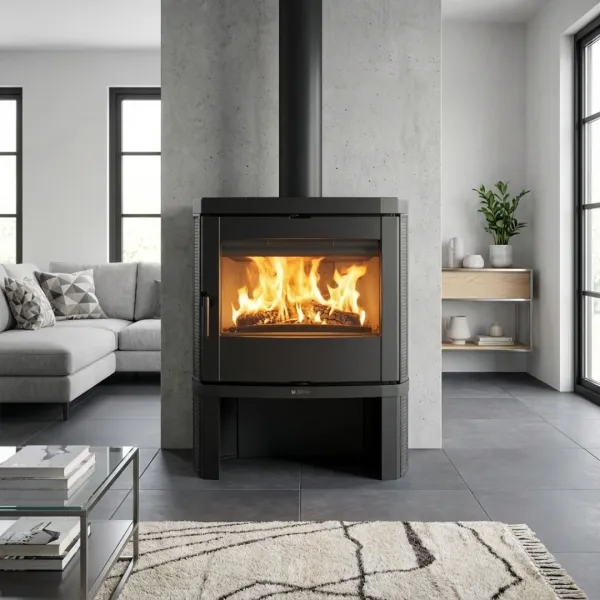 Poêle à bois Nordica Jennifer 2.0 anthracite avec feu allumé dans un salon moderne