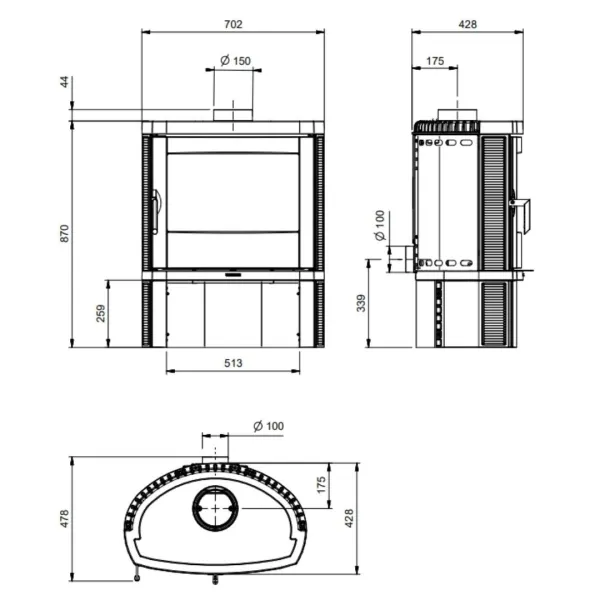 Plan technique et dimensions du poêle à bois Nordica Jennifer 2.0 avec sortie fumées et vues de face, profil et dessus