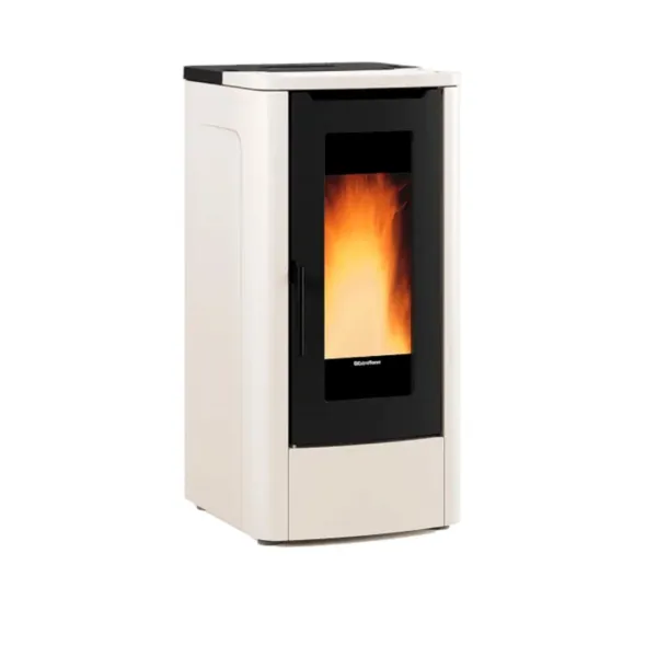 Poêle à granulés Extraflame Teorema Plus blanc et noir 12 kW avec foyer allumé