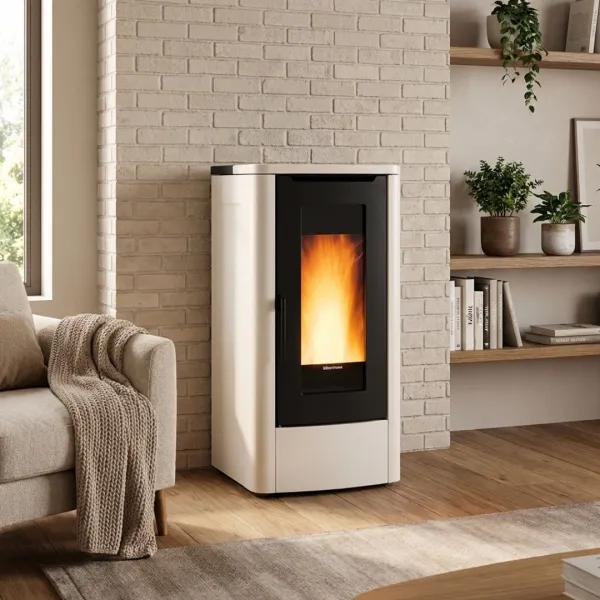 Poêle à granulés Extraflame Teorema Plus blanc et noir 12 kW en situation dans un salon moderne