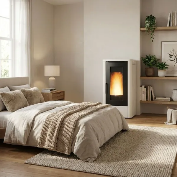 Poêle à granulés Extraflame Teorema Plus blanc 12 kW installé dans une chambre moderne
