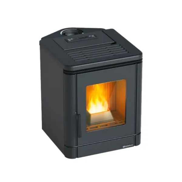 Poêle à granulés PEGGY CX 6 Kw noir avec vitre et panneau de commande, flamme allumée