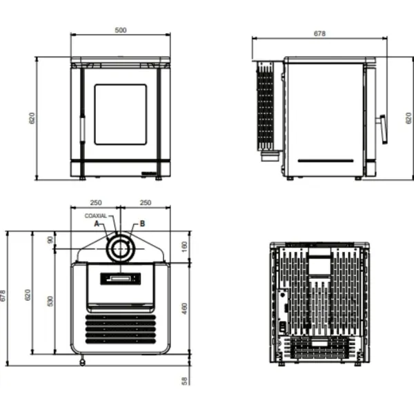 Plan technique et dimensions du poêle à granulés étanche PEGGY CX 6 Kw avec vues face, profil et dessus