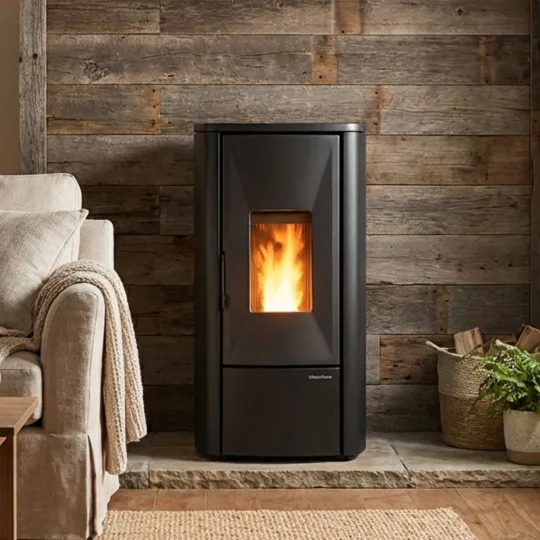 Poêle à granulés Lina Top 7kw noir design compact en situation dans salon ambiance chalet bois