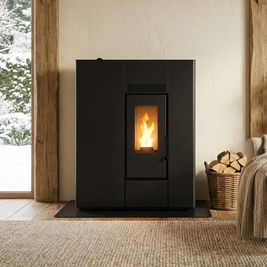 Poêle à granulés design noir extra plat 10 kW installé dans un salon contemporain avec vue enneigée