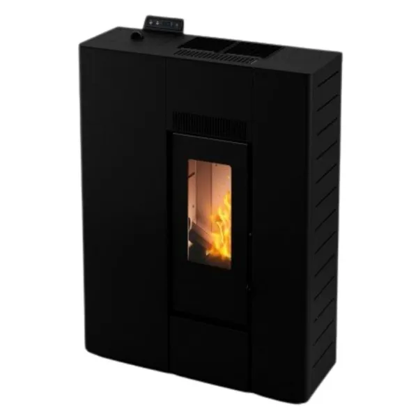 Poêle à granulés design noir extra plat 10 kW avec vitre feu et panneau de commande digital