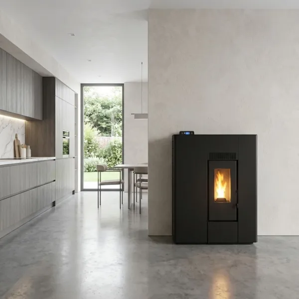 Poêle à granulés Cross 10 Linea design noir extra plat installé dans une cuisine moderne ouverte