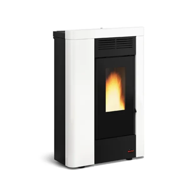 Poêle à granulés ANNABELLA AD EVO blanc et noir 9 kW avec flamme allumée