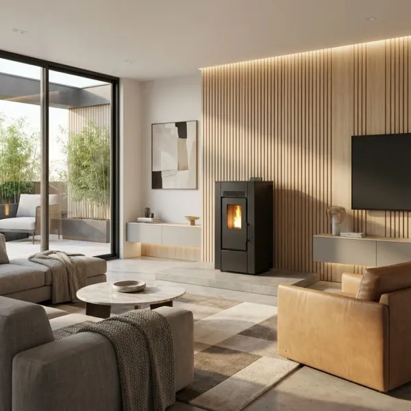 Poêle à granulés Linea VZ Free 9 noir 8kW installé dans un salon contemporain avec flamme allumée