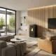 Poêle à granulés Linea VZ Free 9 noir 8kW installé dans un salon contemporain avec flamme allumée