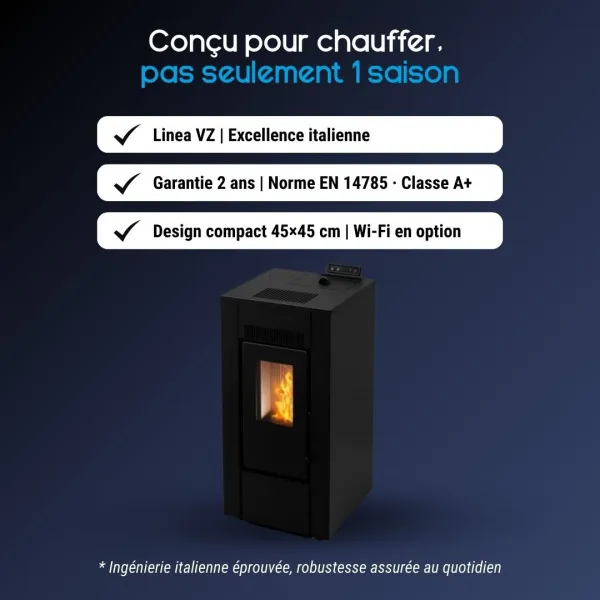 Poêle à granulés Linea VZ Free 9 noir compact 8kW avec design moderne et flamme visible
