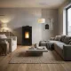 Poêle à granulés Maxifree 12 kW noir installé dans un salon moderne avec flammes allumées