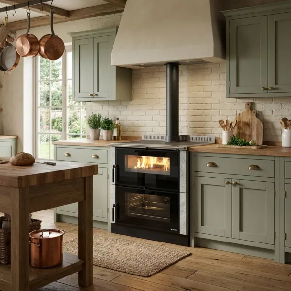 Cuisinière à bois Verona XXL Petra noire et grise avec four installée dans une cuisine rustique moderne