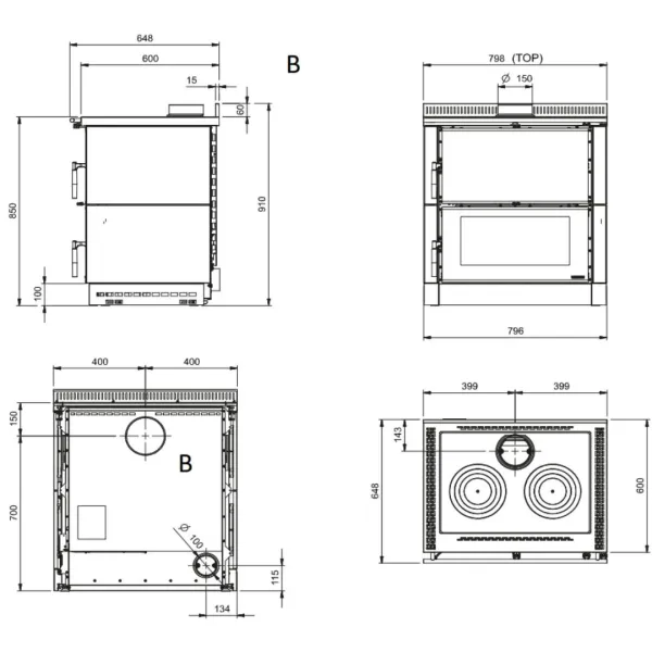 Plan technique de la cuisinière à bois Verona XXL Petra avec dimensions et vues détaillées