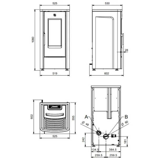 Plan technique et dimensions du poêle à granulés Dahiana VFS 10 kW avec vues face, profil et dessus