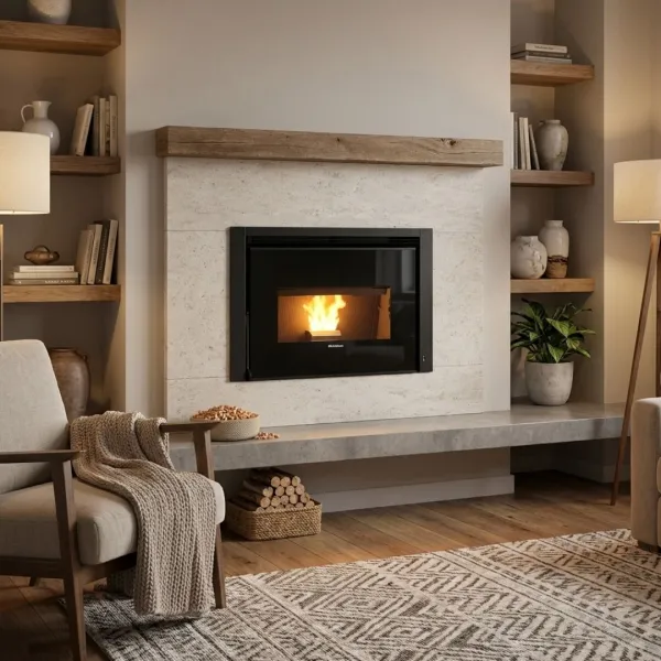 Insert à granulés encastrable 12 kW avec cadre noir installé dans cheminée contemporaine en pierre claire