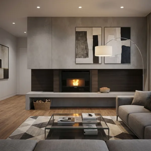 Insert à granulés Comfort P85 Plus 12 kW encastré dans salon contemporain avec feu allumé