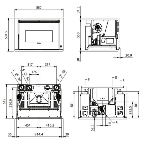 Plan technique et dimensions de l'insert à granulés Comfort P85 Plus 12 kW avec raccordements