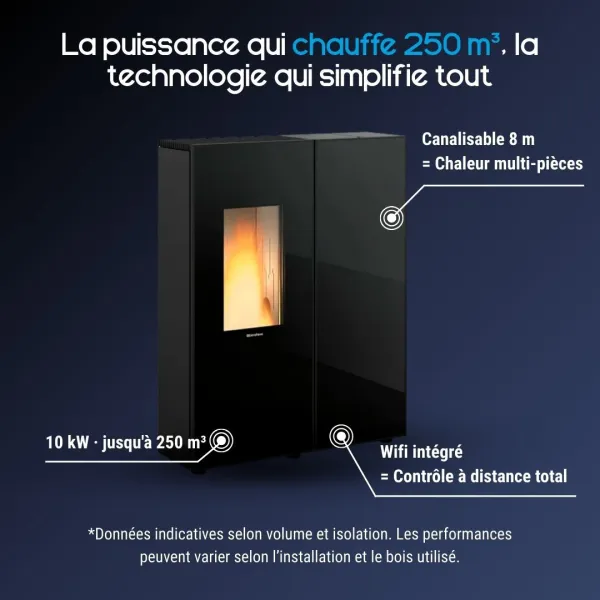 Poêle à granulés étanche 10 kW canalisable avec WiFi intégré et chauffage multi-pièces jusqu'à 250 m³