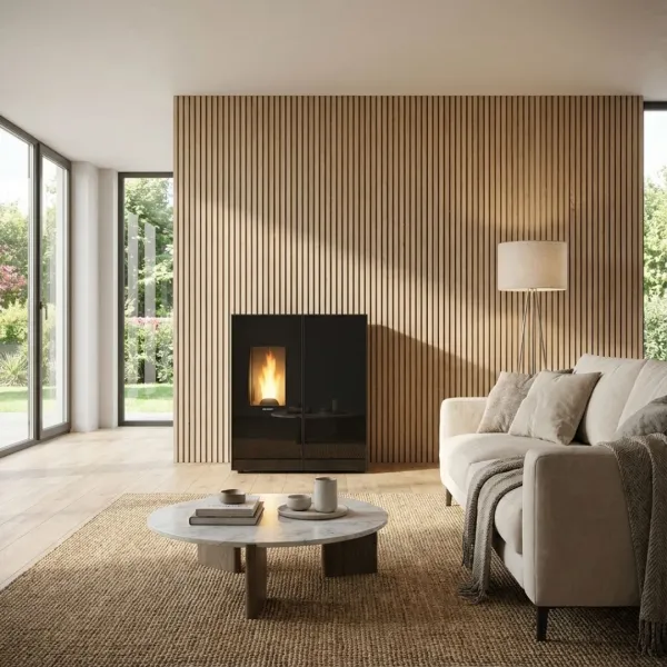 Poêle à granulés étanche noir 10 kW Sharon Plus CX installé dans un salon contemporain avec mur bois