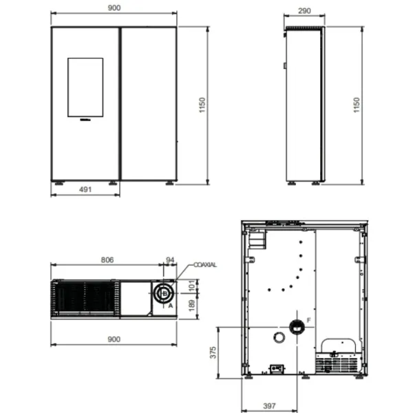 Plan de dimensions et schéma technique du poêle à granulés étanche Sharon plus cx 10 kW avec raccordement coaxial