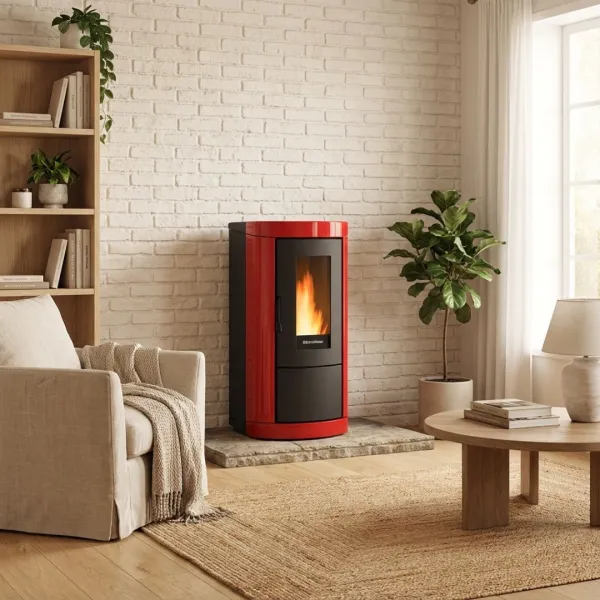 Poêle à granulés Mietta Evo 9 kW rouge design installé dans un salon moderne avec flammes allumées