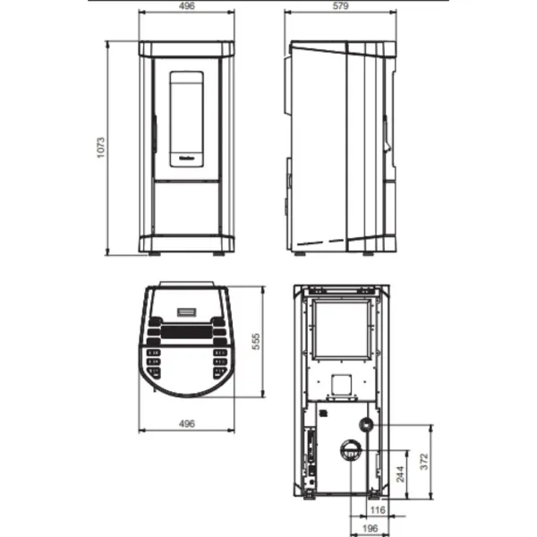 Plan technique avec dimensions du poêle à granulés Mietta Evo 9 kW, vues face, côté, dessus et arrière