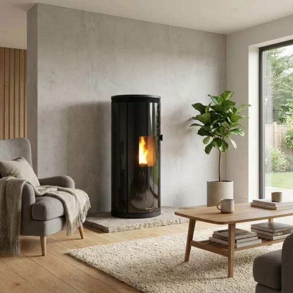 Poêle à granulés noir cylindrique 8 kW avec vitre panoramique allumé dans un salon moderne